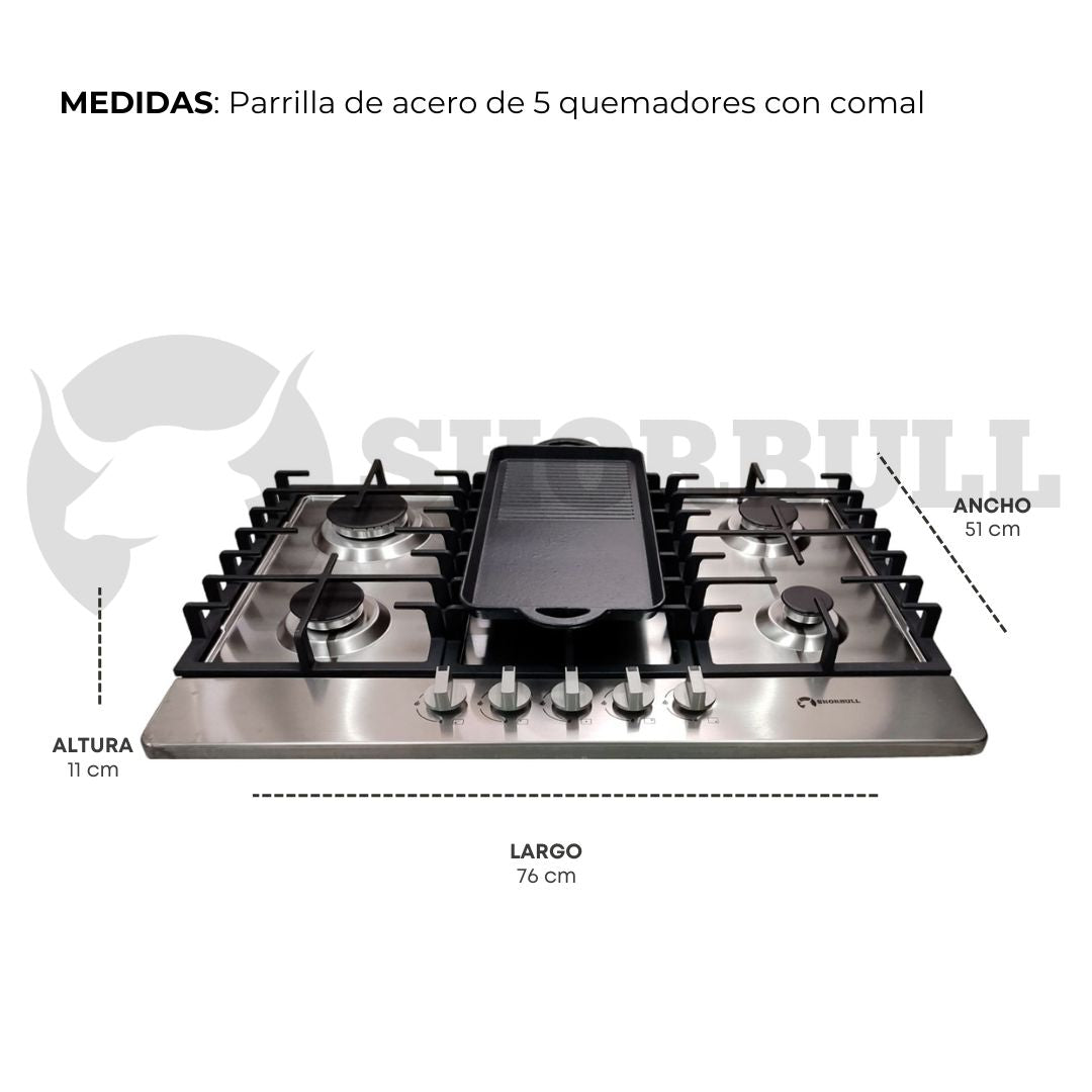 Estufa Empotrable de Acero Inoxidable Shorbull – 5 Quemadores + Comal Antiadherente.